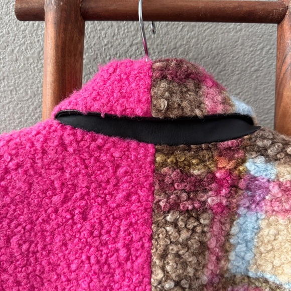 NVLT Boucle Anthropologie Pink Colorblock Teddy Longline Plaid Coat Large - Picture 13 of 14